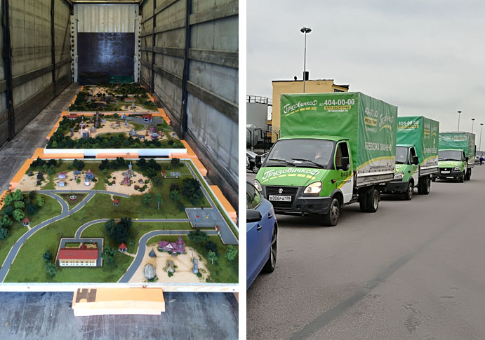 Delivery of Ethno park model in the truck, 20 ft. Delivery of LNG model for Gazprom on 3 “Gazel” vehicles 