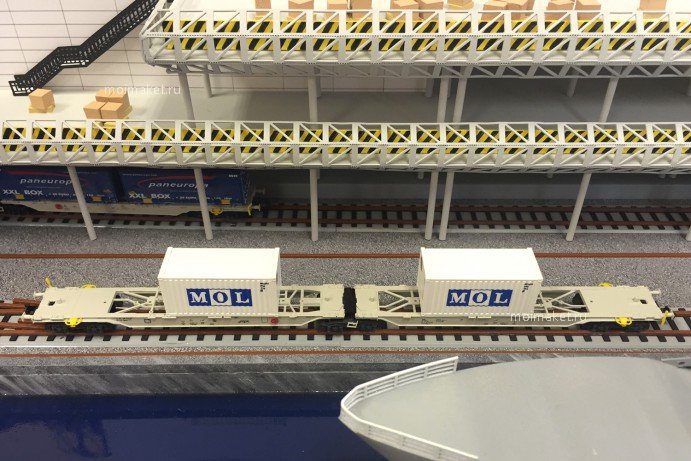 Rail containers at a port on the model